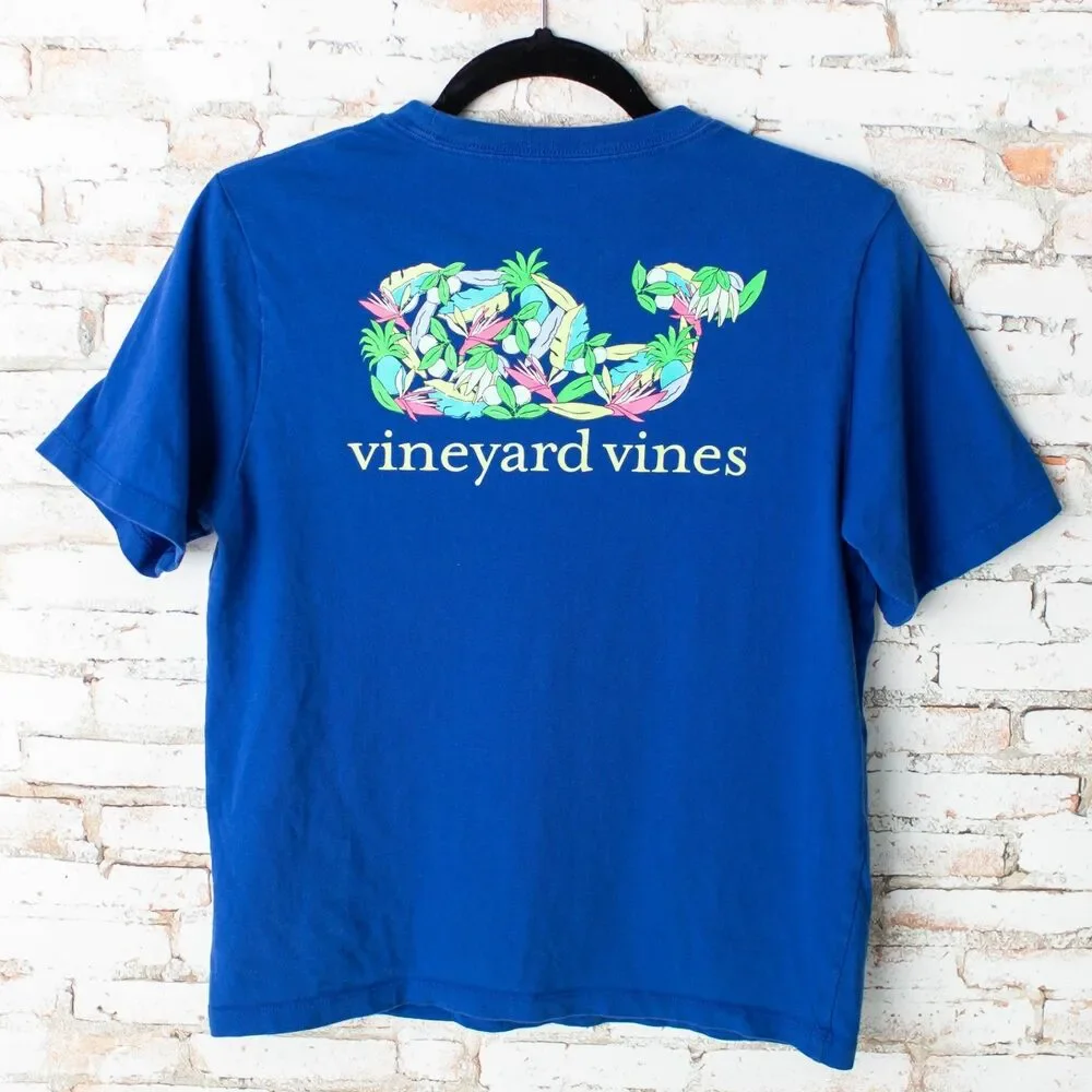 Vineyard Vines Youth Large Blue Tropical Whale Graphic Pocket T-Shirt Cotton